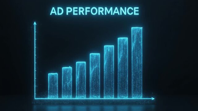 Ad performance bar chart hologram bars dancing digital growth rising column neon blue dark background data analytics glowing graph
