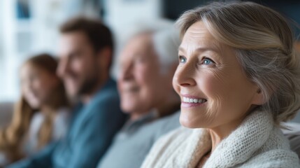 Obraz premium A happy family enjoying a moment together. The elderly woman smiles joyfully surrounded by her family. This image captures love and connection in a soft and warm atmosphere. AI