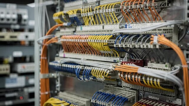 Central office switching room blending old and new tech detailed focus on integrated fiber and copper patch panels with soft bokeh effects on peripheral equipment.