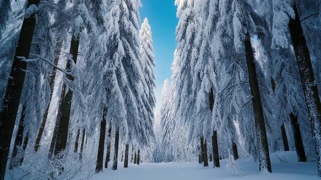 Snowy forest with tall trees covered.