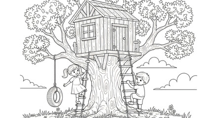 Obraz premium Treehouse coloring page for kids fun tree house illustration