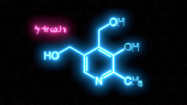 Pyridoxine structural formula, vitamin B6. Organic biomolecule. Neon glowing.