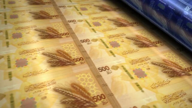 Syria pounds Syrian money banknotes printing roll machine loop. Paper 500 SYP bank note print 3d looping seamless. Abstract concept of banking, finance, economy and crisis.