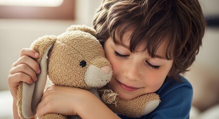 Fototapeta premium Little boy hugging teddy bear, cuddling, comfort, indoor