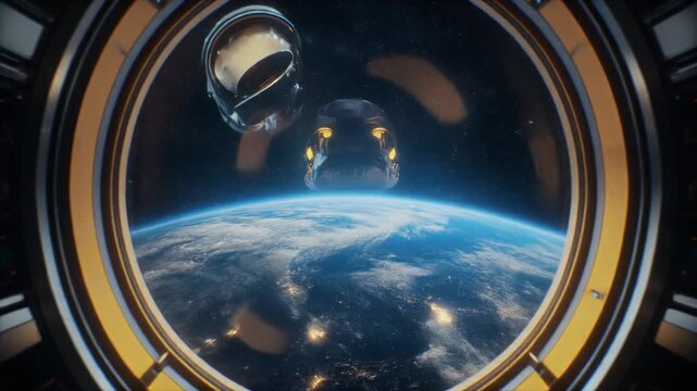 Astronauts in space suits floating near a spacecraft window with a stunning view of Earth from orbit around the planet with stars in the background