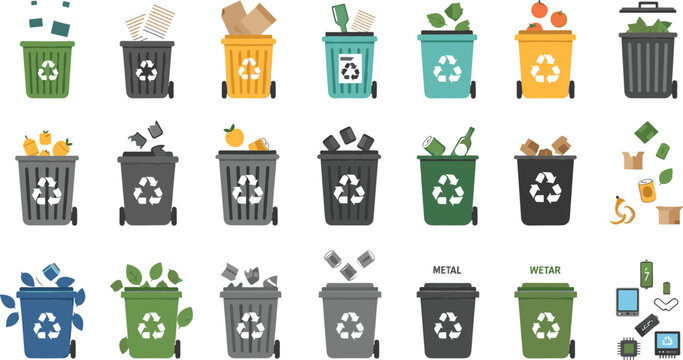 Recycling Trash Bin Collection with Waste Sorting Categories Including Plastic Paper Metal Organic Garbage and Electronic Waste for Environmental Sustainability Vector Set