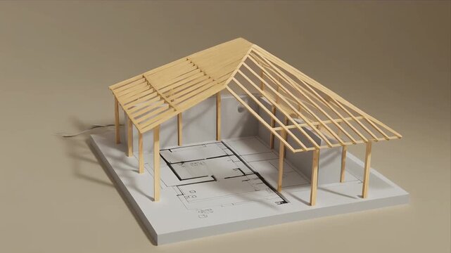 Rotating scale model of wooden house frame on studio background.