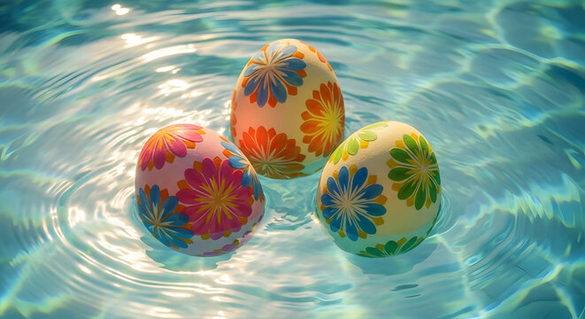 Easter eggs floating in water on easter day with colorful patterns