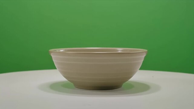 Rotating beige ceramic bowl on green studio background.