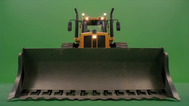 Heavy wheel loader bulldozer frontal view with headlights on green backdrop.