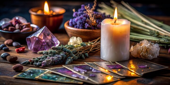 Crystals, dried herbs, candles, and tarot cards arranged for a mystical ritual at a cozy table crystals, dried herbs, candle, tarot cards, mystical, ritual, wooden table, purple flowers, relaxation, s