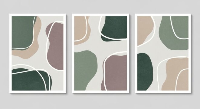 A triptych of abstract art featuring earthy tones and organic shapes.