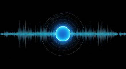 Digital luminous blue waveform pulses across a dark background centered around a glowing sphere