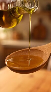 Golden Olive Oil Pouring Into Wooden Spoon &mdash; Slow Motion Food Close-Up

