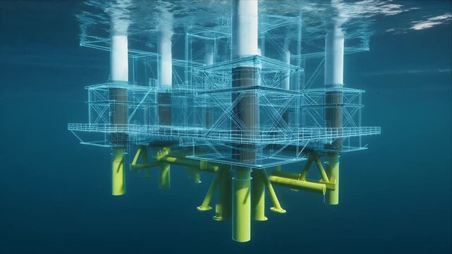 Underwater wireframe visualization of offshore platform structure.
