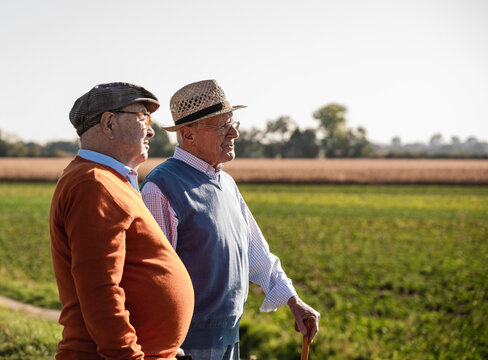 Two old friends standing in the fields, talking about old times