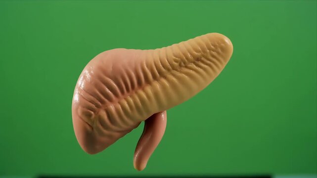 Rotating human pancreas anatomical model on green background.