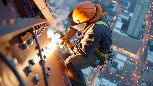Rope access welder working on skyscraper at night