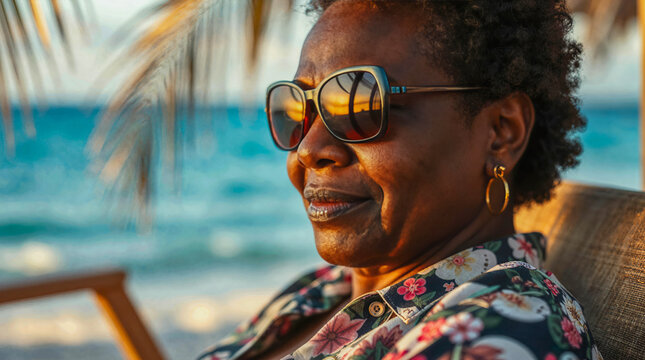 AI-generated image of a female African-Canadian snowbird senior on a tropical beach