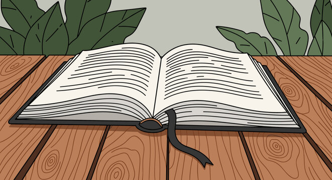 An open book on a wooden table surrounded by lush green leaves, in a minimalist style