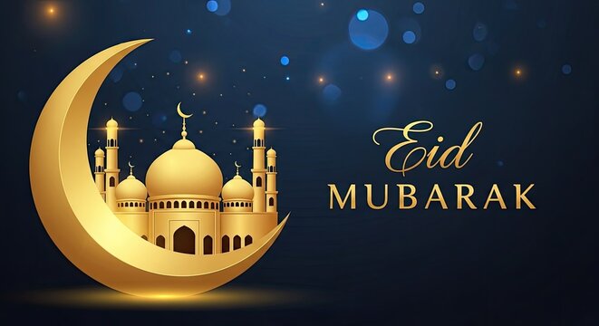 Eid mubarak wishes islamic celebration of eid al fitr and eid al adha with mosque on crescent moon