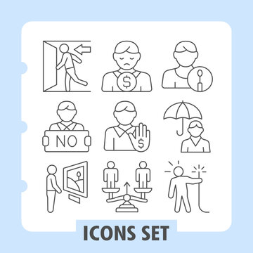Emergency exit door, no human, gallery visitor icons, set illustrating concepts such as security, identity, weather, restrictions and activities. Set of nine thin line icons on white background.