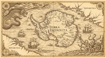 Antique style cartography depicts unknown southern continent surrounded by mythical sea creatures and historic sailing vessels