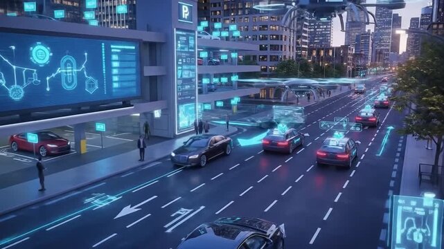 Futuristic Cityscape with Autonomous Vehicles and Smart Infrastructure.