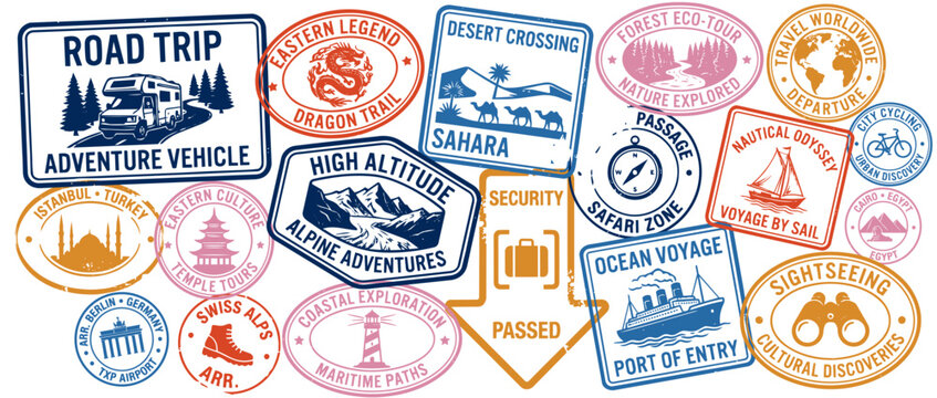Vintage world travel passport stamp collection with road trip adventure safari ocean voyage alpine trekking and international destination markings