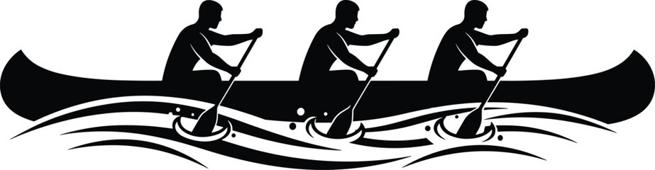 Canoe team paddling silhouette, three athletes rowing boat on river water, teamwork outdoor sport adventure vector illustration design © Anamul Arafat