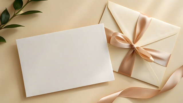 Elegant blank card and envelope with satin ribbon on soft beige background for invitations