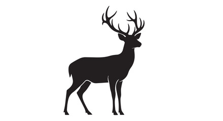 Fototapeta premium Majestic stag silhouette with large antlers stands proudly facing left against a stark white backdrop for design projects.