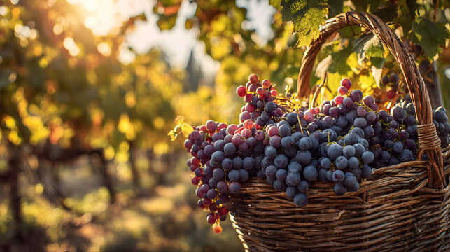 A wicker basket filled with clusters of ripe purple and red grapes in a sunlit vineyard during harvest season.
