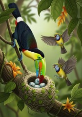Fototapeta premium Tropical avian family drama unfolds near a meticulously constructed nest holding speckled eggs
