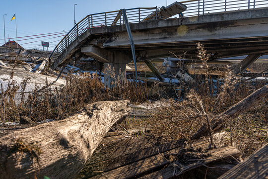 Irpin, Ukraine - 07 March 2026: View of the Irpin Bridge, a fractured concrete skeleton against a backdrop of withered reeds and solemn sky.