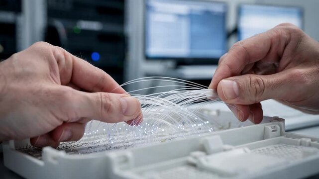 Detailed shot of fingers managing delicate fiber fibers inside a closure tray surrounded by diffused lab instruments and glowing monitors in the background.