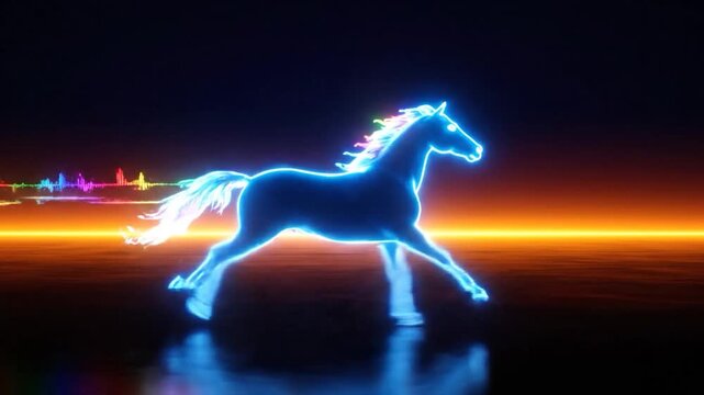 Neon Horse Running in a Digital Landscape with Vibrant Light Trails, Futuristic Animal in Motion.