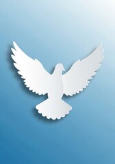 Fototapeta premium Stylized white bird cutout descends against a gradient blue background emphasizing freedom and serenity