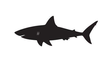 A stark black silhouette of a great white shark swims horizontally against a pure white backdrop for conceptual use.