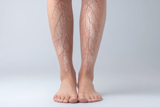 Patient with sign of varicose veins symptoms on a legs. Gray background. Leg pain. Phlebology. Venous pathologies of the lower extremities. Human vessel, arteries. Capillaries. Blood system. Banner