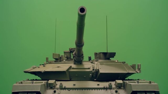 Military tank aiming gun upwards on green screen background