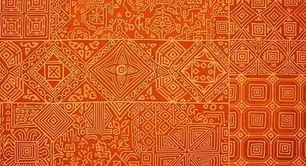 Intricate geometric patterns cover a rich orange textile surface in a repeating mosaic design.
