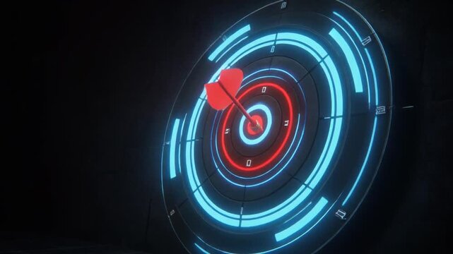 Red arrow hitting center target on glowing archery board