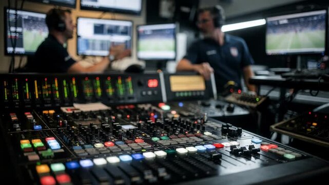 Broadcast truck interior showcasing a video switcher in sharp focus with softly blurred assistants and intercom panels managing a highenergy sports event.