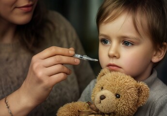 mother giving medicine to sick little child with teddy bear.