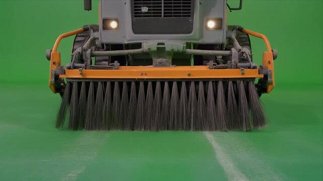 Industrial sweeper brush cleans green floor closeup.