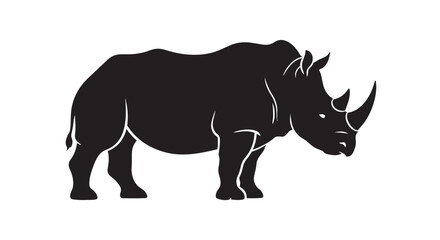 Obraz premium Black silhouette graphic depicting a rhinoceros standing sideways with prominent horns against a white backdrop.