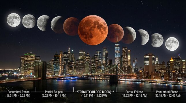 Blood Moon phases over city skyline during lunar eclipse  