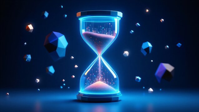 Neonlit hourglass with pink sand and floating geometric shapes on blue background  time concept