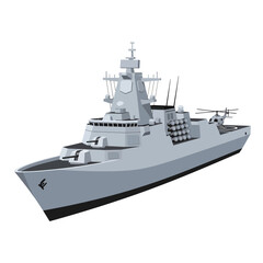 Obraz premium Gray warship with helicopter on deck and various antennas and radar systems, against a plain white background, showcasing military technology and naval design.